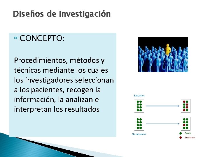 Diseños de Investigación CONCEPTO: Procedimientos, métodos y técnicas mediante los cuales los investigadores seleccionan