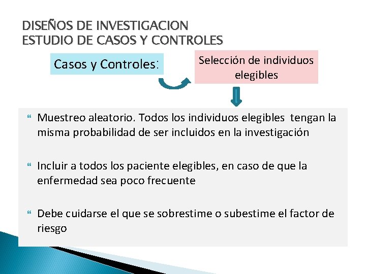 DISEÑOS DE INVESTIGACION ESTUDIO DE CASOS Y CONTROLES Casos y Controles: Selección de individuos