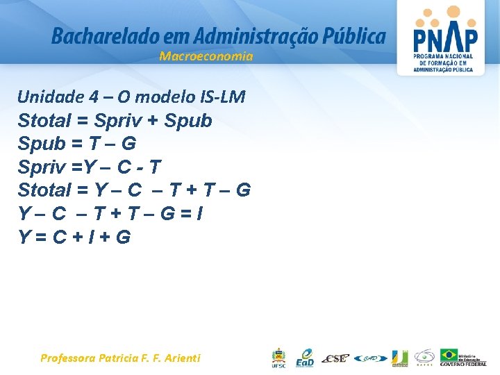 Macroeconomia Unidade 4 – O modelo IS-LM Stotal = Spriv + Spub = T