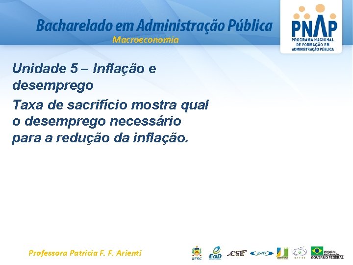 Macroeconomia Unidade 5 – Inflação e desemprego Taxa de sacrifício mostra qual o desemprego