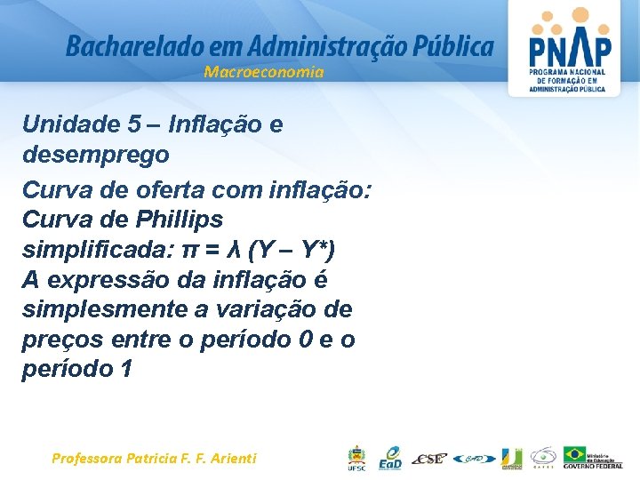 Macroeconomia Unidade 5 – Inflação e desemprego Curva de oferta com inflação: Curva de