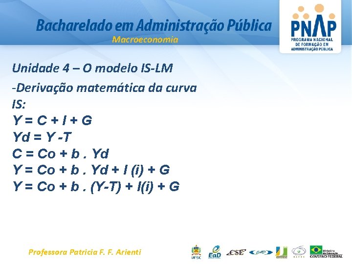 Macroeconomia Unidade 4 – O modelo IS-LM -Derivação matemática da curva IS: Y=C+I+G Yd