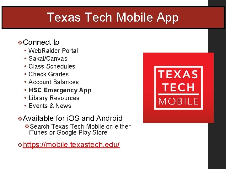 Texas Tech Mobile App v. Connect to • Web. Raider Portal • Sakai/Canvas • Texas Tech Mobile App v. Connect to • Web. Raider Portal • Sakai/Canvas •