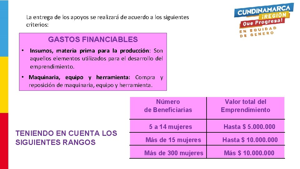 La entrega de los apoyos se realizará de acuerdo a los siguientes criterios: GASTOS