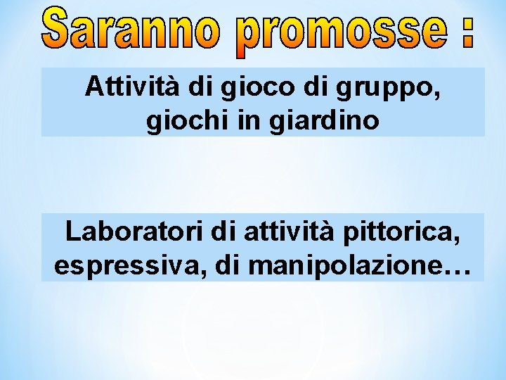 Attività di gioco di gruppo, giochi in giardino Laboratori di attività pittorica, espressiva, di