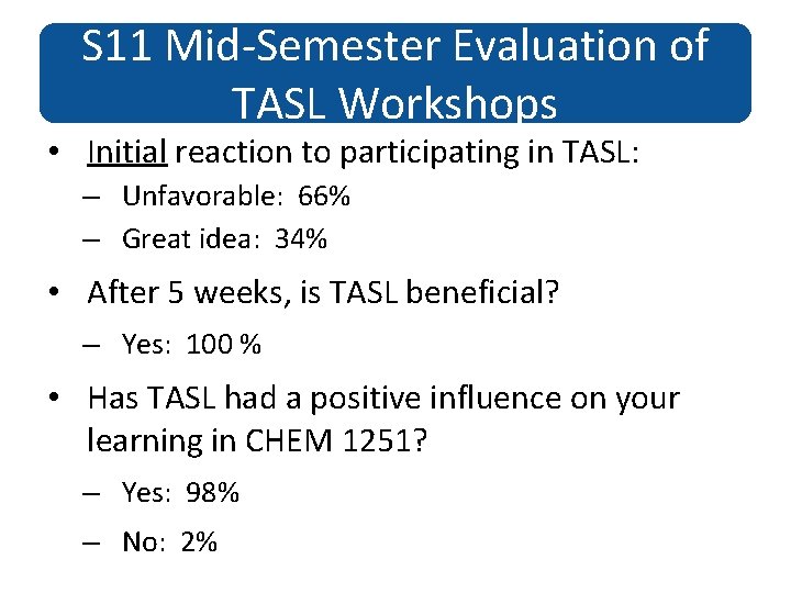 S 11 Mid-Semester Evaluation of TASL Workshops • Initial reaction to participating in TASL: