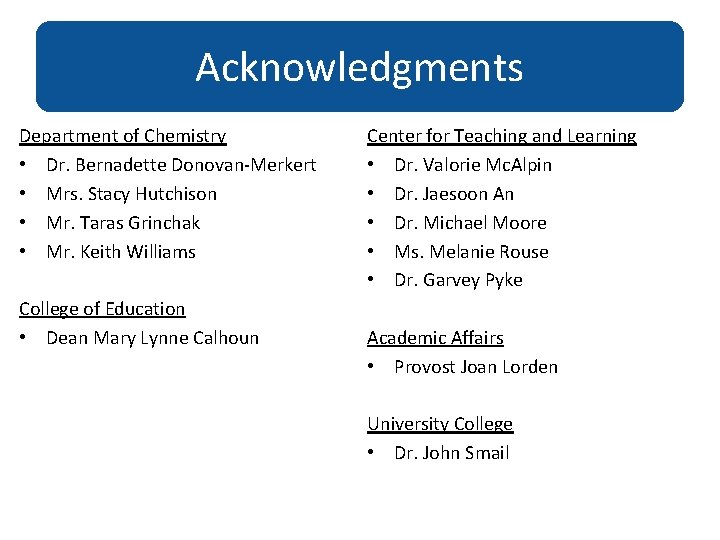 Acknowledgments Department of Chemistry • Dr. Bernadette Donovan-Merkert • Mrs. Stacy Hutchison • Mr.