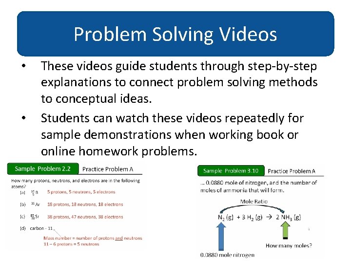 Problem Solving Videos • • These videos guide students through step-by-step explanations to connect