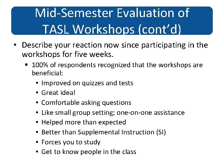 Mid-Semester Evaluation of TASL Workshops (cont’d) • Describe your reaction now since participating in