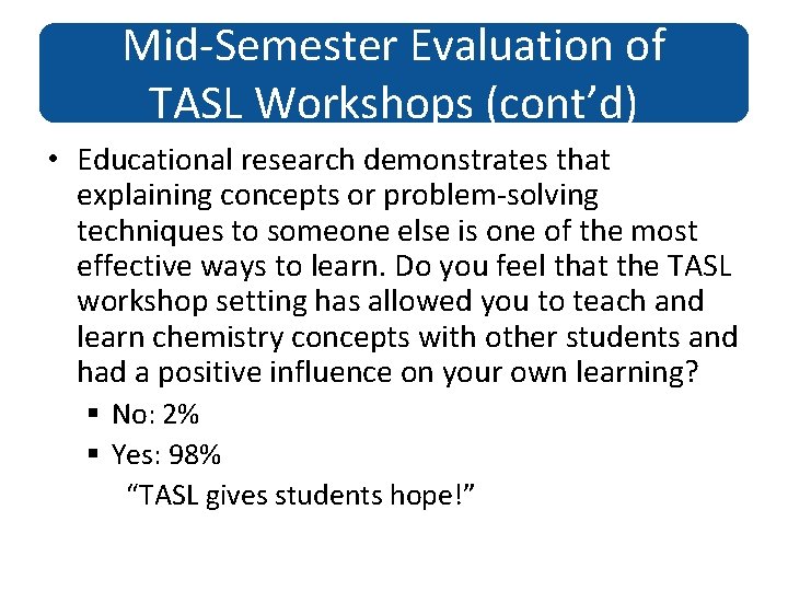 Mid-Semester Evaluation of TASL Workshops (cont’d) • Educational research demonstrates that explaining concepts or