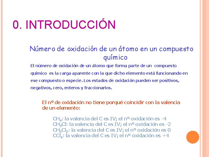 0. INTRODUCCIÓN Número de oxidación de un átomo en un compuesto químico El número 0. INTRODUCCIÓN Número de oxidación de un átomo en un compuesto químico El número