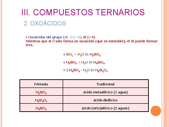 III. COMPUESTOS TERNARIOS 2. OXOÁCIDOS • Oxoácidos del grupo 14: C (+4), Si (+4) III. COMPUESTOS TERNARIOS 2. OXOÁCIDOS • Oxoácidos del grupo 14: C (+4), Si (+4)