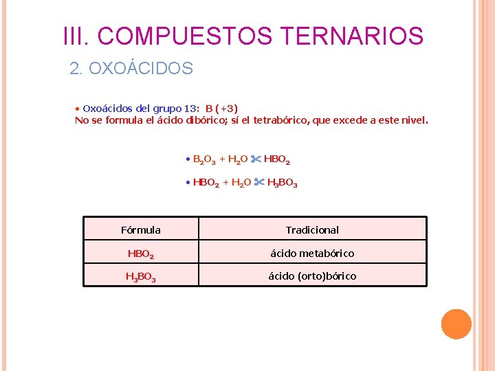 III. COMPUESTOS TERNARIOS 2. OXOÁCIDOS • Oxoácidos del grupo 13: B (+3) No se III. COMPUESTOS TERNARIOS 2. OXOÁCIDOS • Oxoácidos del grupo 13: B (+3) No se