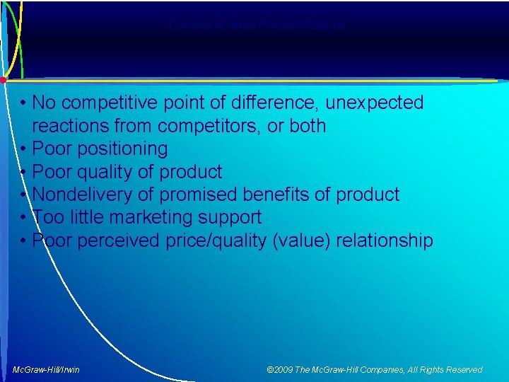 Causes of New Product Failure • No competitive point of difference, unexpected reactions from