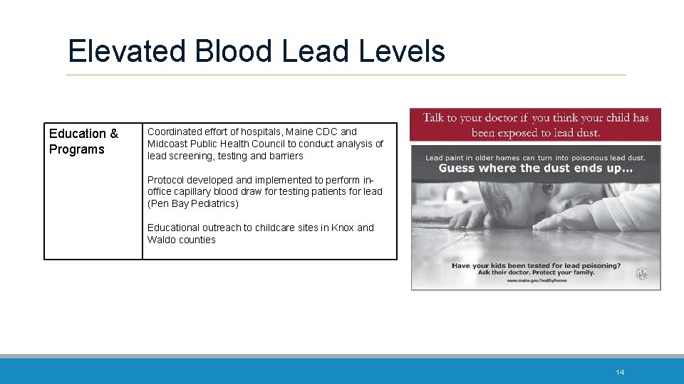 Elevated Blood Lead Levels Education & Programs Coordinated effort of hospitals, Maine CDC and