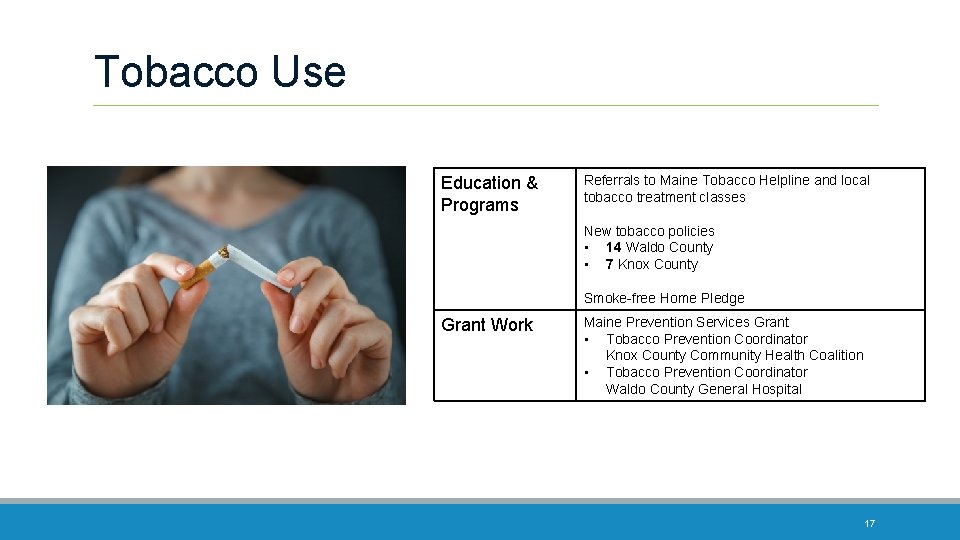 Tobacco Use Education & Programs Referrals to Maine Tobacco Helpline and local tobacco treatment