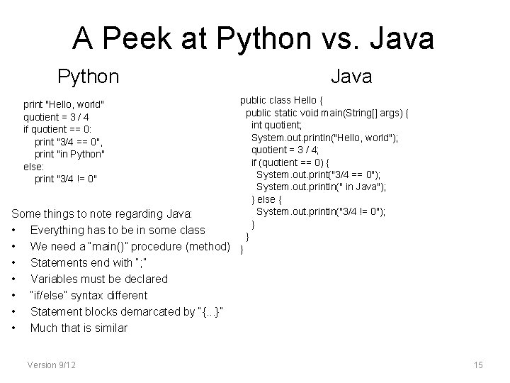 A Peek at Python vs. Java Python Java public class Hello { public static