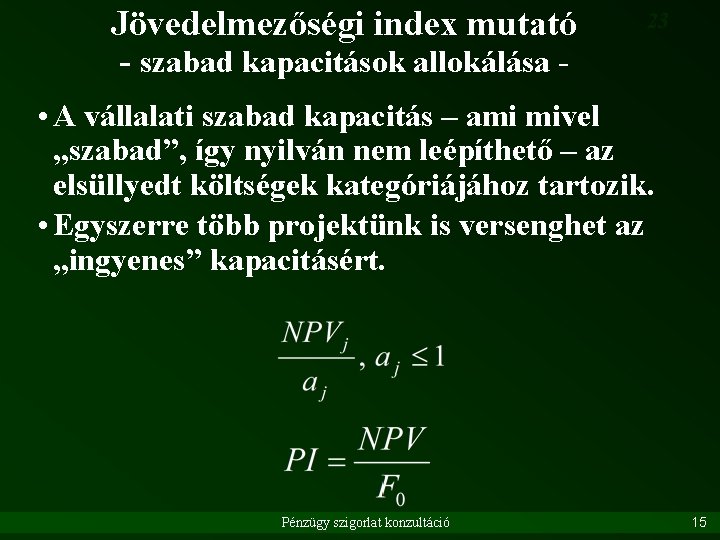 Jövedelmezőségi index mutató - szabad kapacitások allokálása - 23 • A vállalati szabad kapacitás