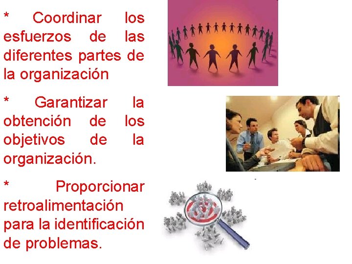 * Coordinar los esfuerzos de las diferentes partes de la organización * Garantizar obtención