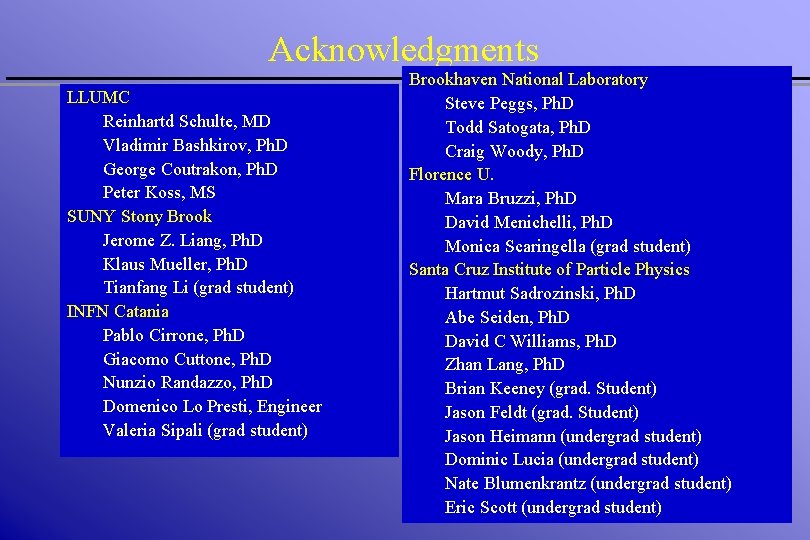 Acknowledgments LLUMC Reinhartd Schulte, MD Vladimir Bashkirov, Ph. D George Coutrakon, Ph. D Peter Acknowledgments LLUMC Reinhartd Schulte, MD Vladimir Bashkirov, Ph. D George Coutrakon, Ph. D Peter