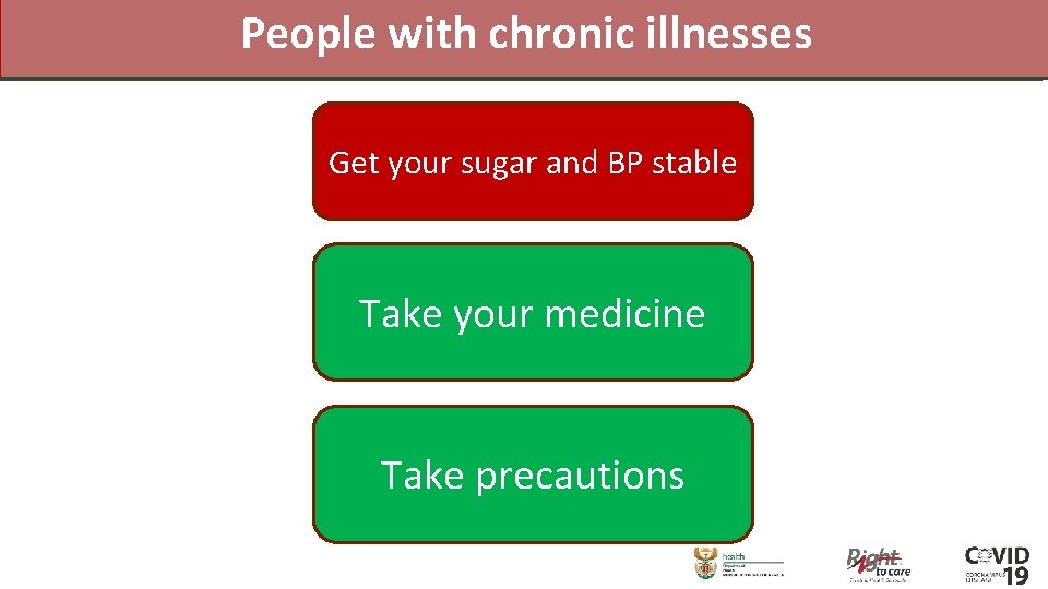 People with chronic illnesses Get your sugar and BP stable Take your medicine Take