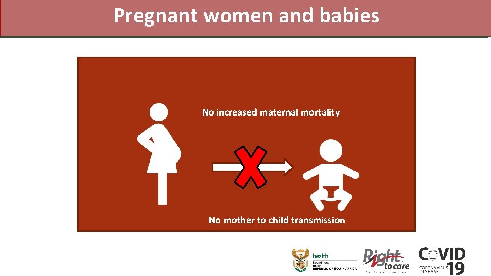 Pregnant women and babies No increased maternal mortality No mother to child transmission 