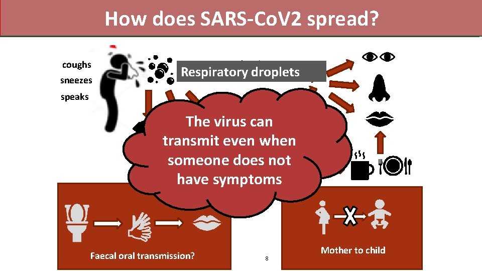 How does SARS-Co. V 2 spread? coughs sneezes Respiratory droplets speaks The virus can