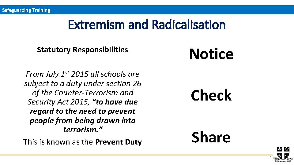 Safeguarding Training Extremism and Radicalisation Statutory Responsibilities From July 1 st 2015 all schools