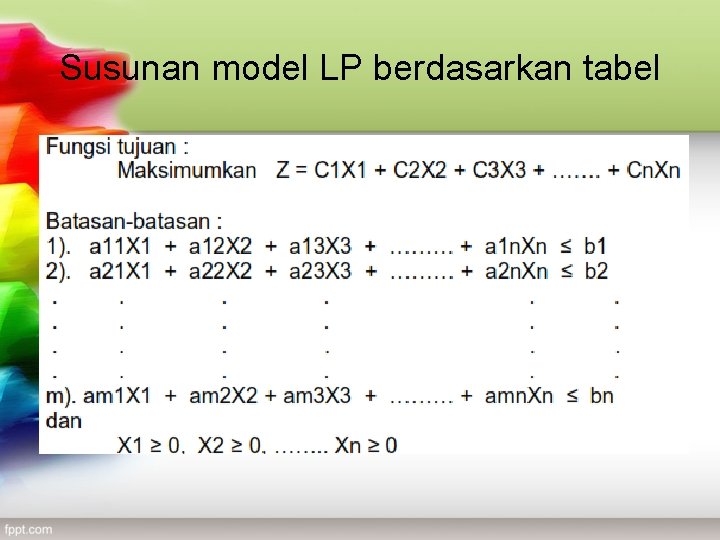 Susunan model LP berdasarkan tabel 