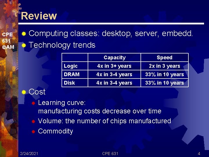 Review CPE 631 AM ® Computing classes: desktop, server, embedd. ® Technology trends Capacity