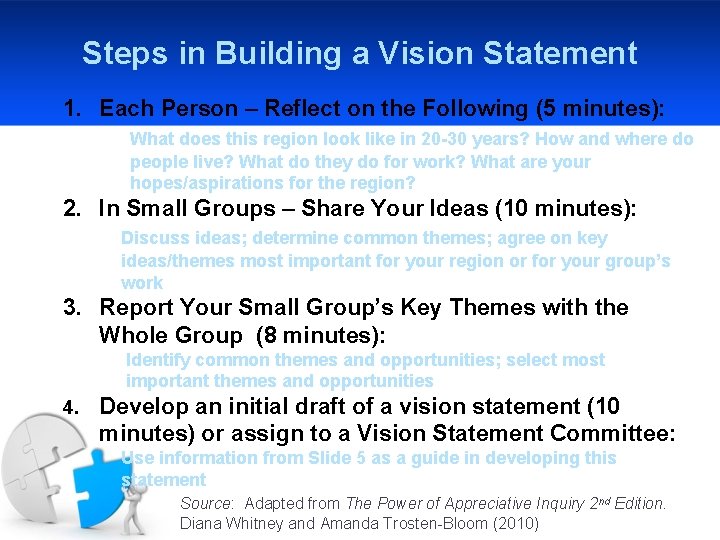 Steps in Building a Vision Statement 1. Each Person – Reflect on the Following