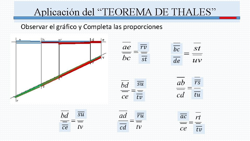 Aplicación del “TEOREMA DE THALES” Observar el gráfico y Completa las proporciones 