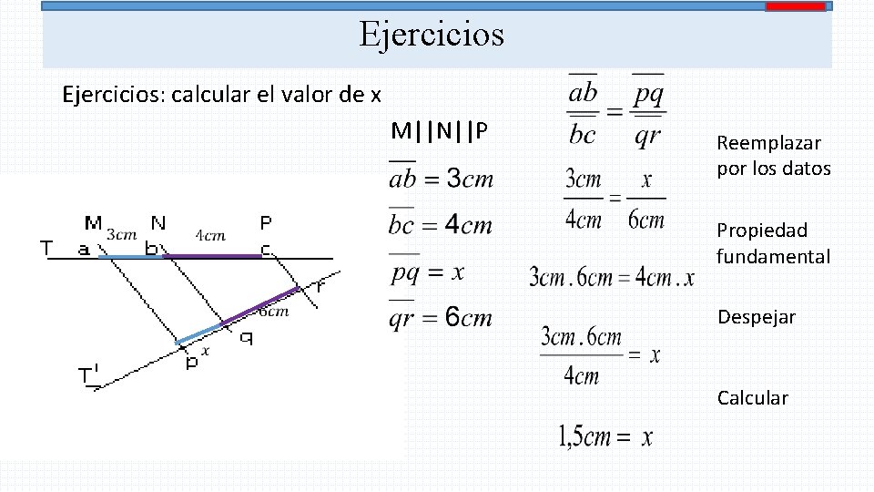 Ejercicios: calcular el valor de x M||N||P Reemplazar por los datos Propiedad fundamental Despejar