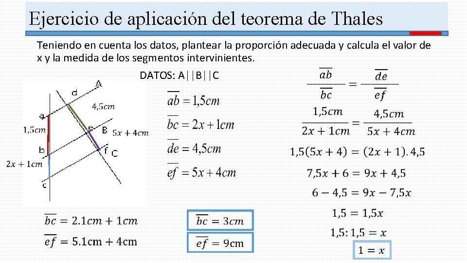 Ejercicio de aplicación del teorema de Thales Teniendo en cuenta los datos, plantear la