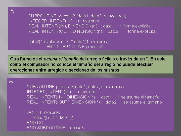 Ej: SUBROUTINE proceso 2 (dato 1, dato 2, n, nvalores) INTEGER, INTENT(IN) : : Ej: SUBROUTINE proceso 2 (dato 1, dato 2, n, nvalores) INTEGER, INTENT(IN) : :