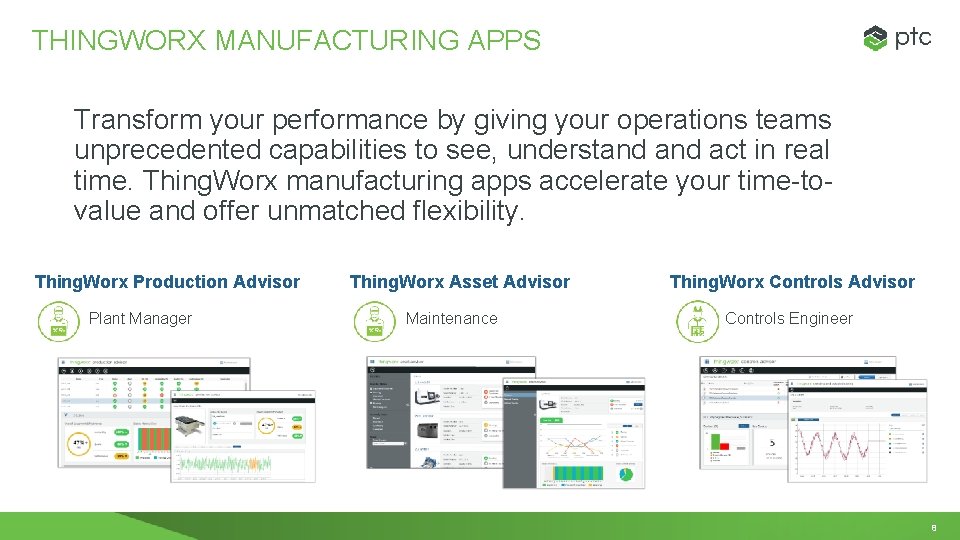 THINGWORX MANUFACTURING APPS Transform your performance by giving your operations teams unprecedented capabilities to