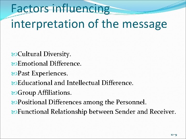 Factors influencing interpretation of the message Cultural Diversity. Emotional Difference. Past Experiences. Educational and Factors influencing interpretation of the message Cultural Diversity. Emotional Difference. Past Experiences. Educational and