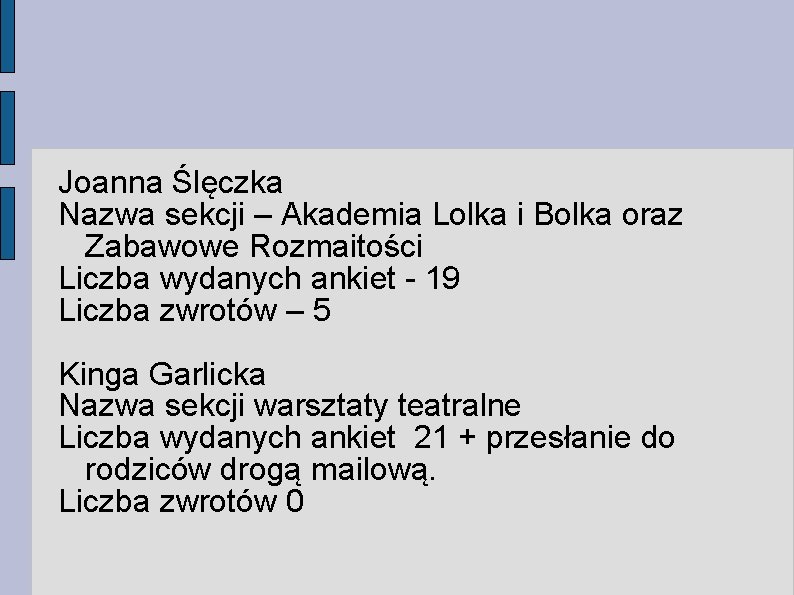 Joanna Ślęczka Nazwa sekcji – Akademia Lolka i Bolka oraz Zabawowe Rozmaitości Liczba wydanych