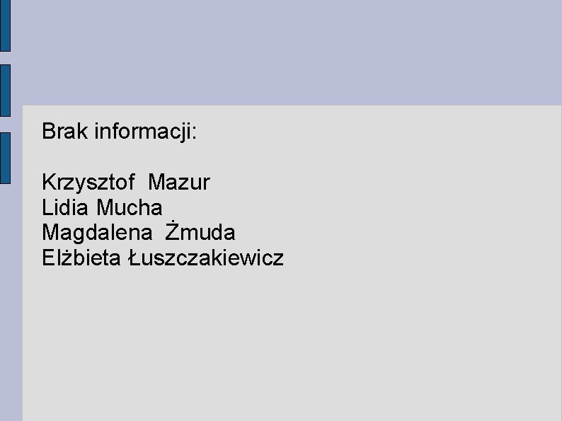 Brak informacji: Krzysztof Mazur Lidia Mucha Magdalena Żmuda Elżbieta Łuszczakiewicz 