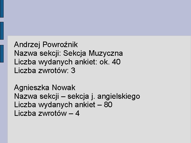 Andrzej Powroźnik Nazwa sekcji: Sekcja Muzyczna Liczba wydanych ankiet: ok. 40 Liczba zwrotów: 3 Andrzej Powroźnik Nazwa sekcji: Sekcja Muzyczna Liczba wydanych ankiet: ok. 40 Liczba zwrotów: 3