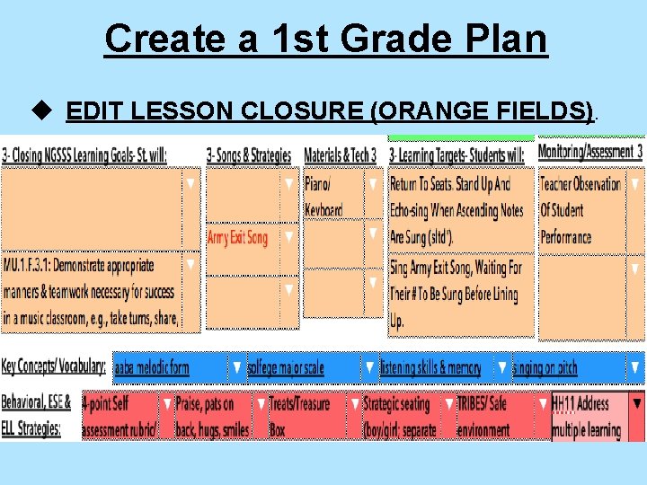 Create a 1 st Grade Plan u EDIT LESSON CLOSURE (ORANGE FIELDS). 