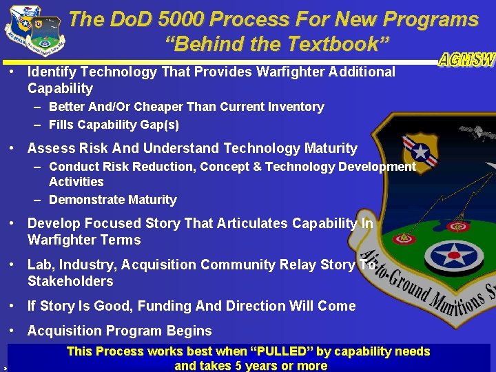 The Do. D 5000 Process For New Programs “Behind the Textbook” • Identify Technology
