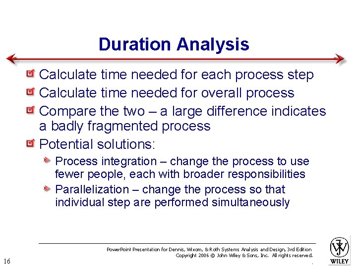 Duration Analysis Calculate time needed for each process step Calculate time needed for overall