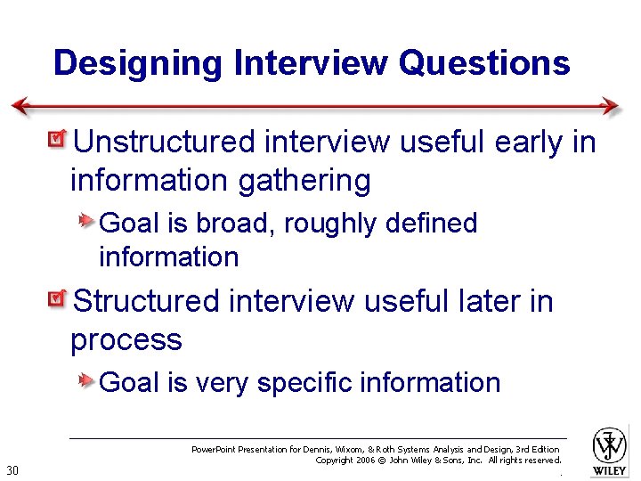 Designing Interview Questions Unstructured interview useful early in information gathering Goal is broad, roughly