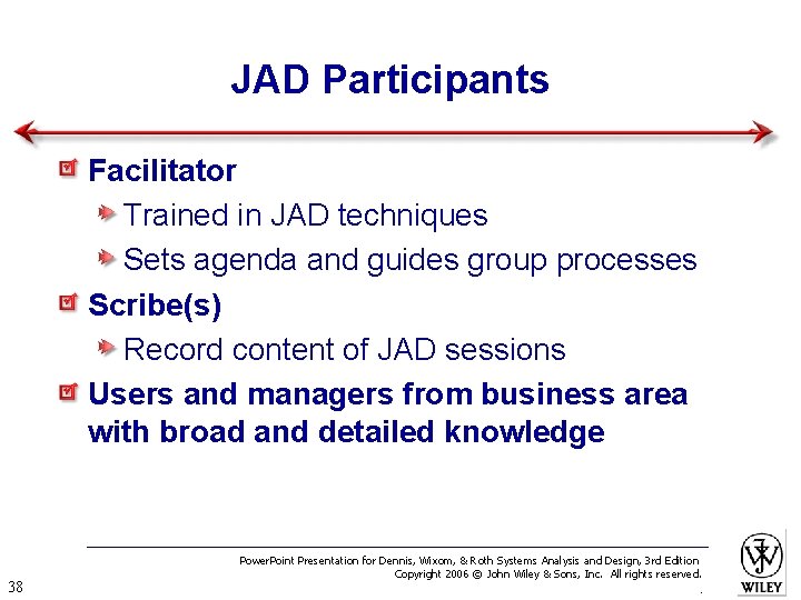 JAD Participants Facilitator Trained in JAD techniques Sets agenda and guides group processes Scribe(s)