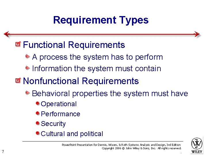 Requirement Types Functional Requirements A process the system has to perform Information the system