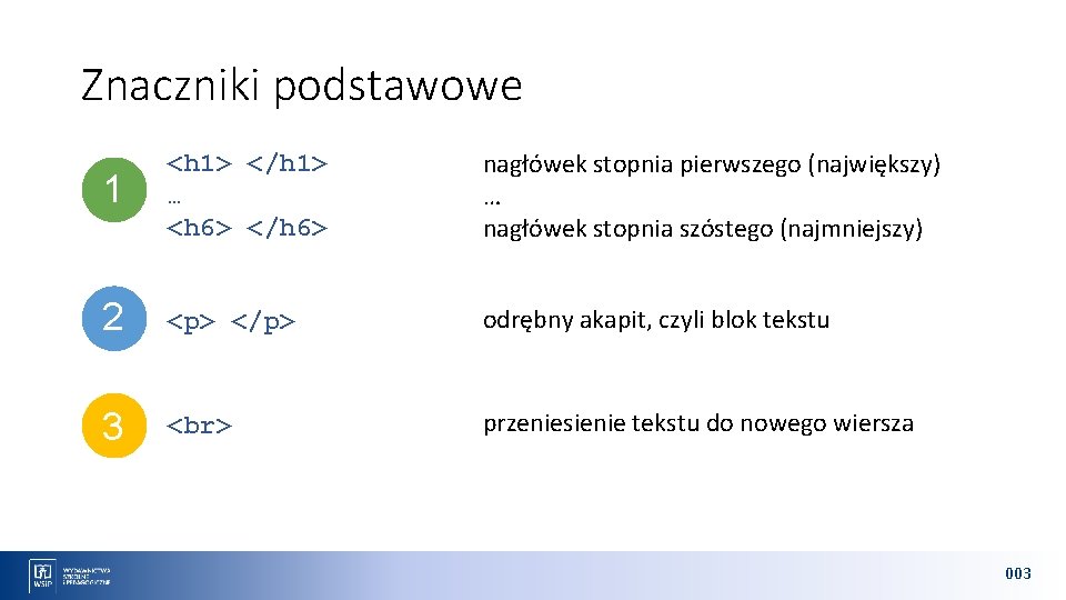 Znaczniki podstawowe 1 <h 1> </h 1> … <h 6> </h 6> nagłówek stopnia