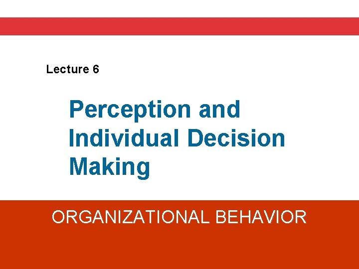 Lecture 6 Perception and Individual Decision Making ORGANIZATIONAL BEHAVIOR 