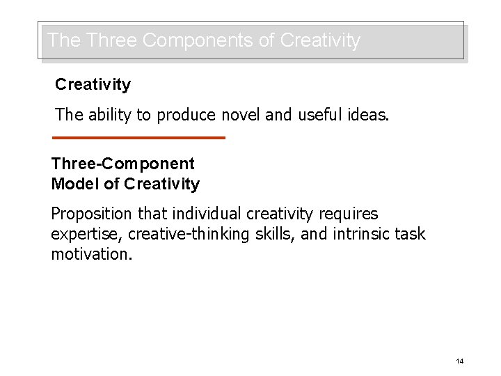 The Three Components of Creativity The ability to produce novel and useful ideas. Three-Component