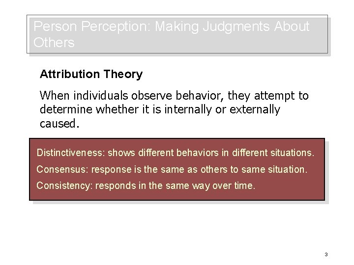 Person Perception: Making Judgments About Others Attribution Theory When individuals observe behavior, they attempt